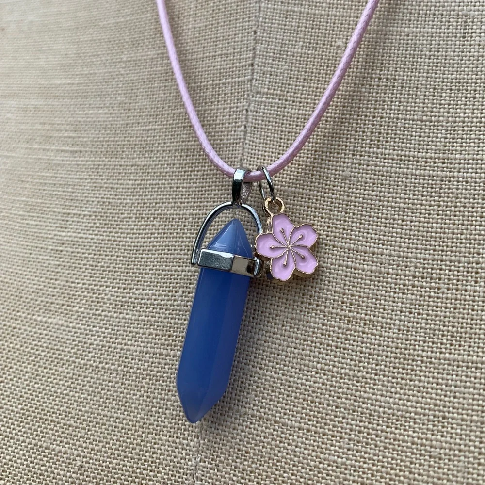 Handmade Periwinkle Crystal Amulet Necklace & Cherry Blossom 🌸 Flower Charm - Picture 3 of 7
